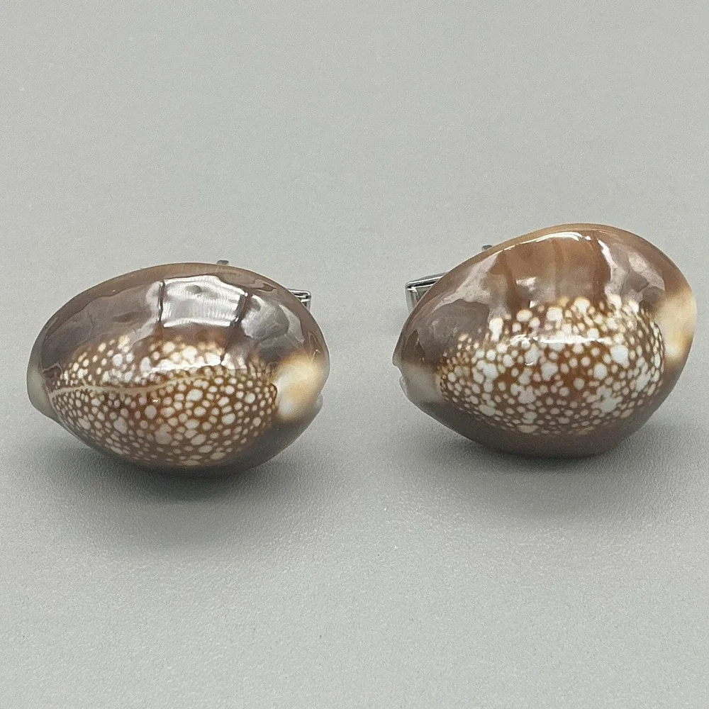 Cowrie Shell Cufflinks Men's Natural Seashell Brown White Silver Tone Coastal